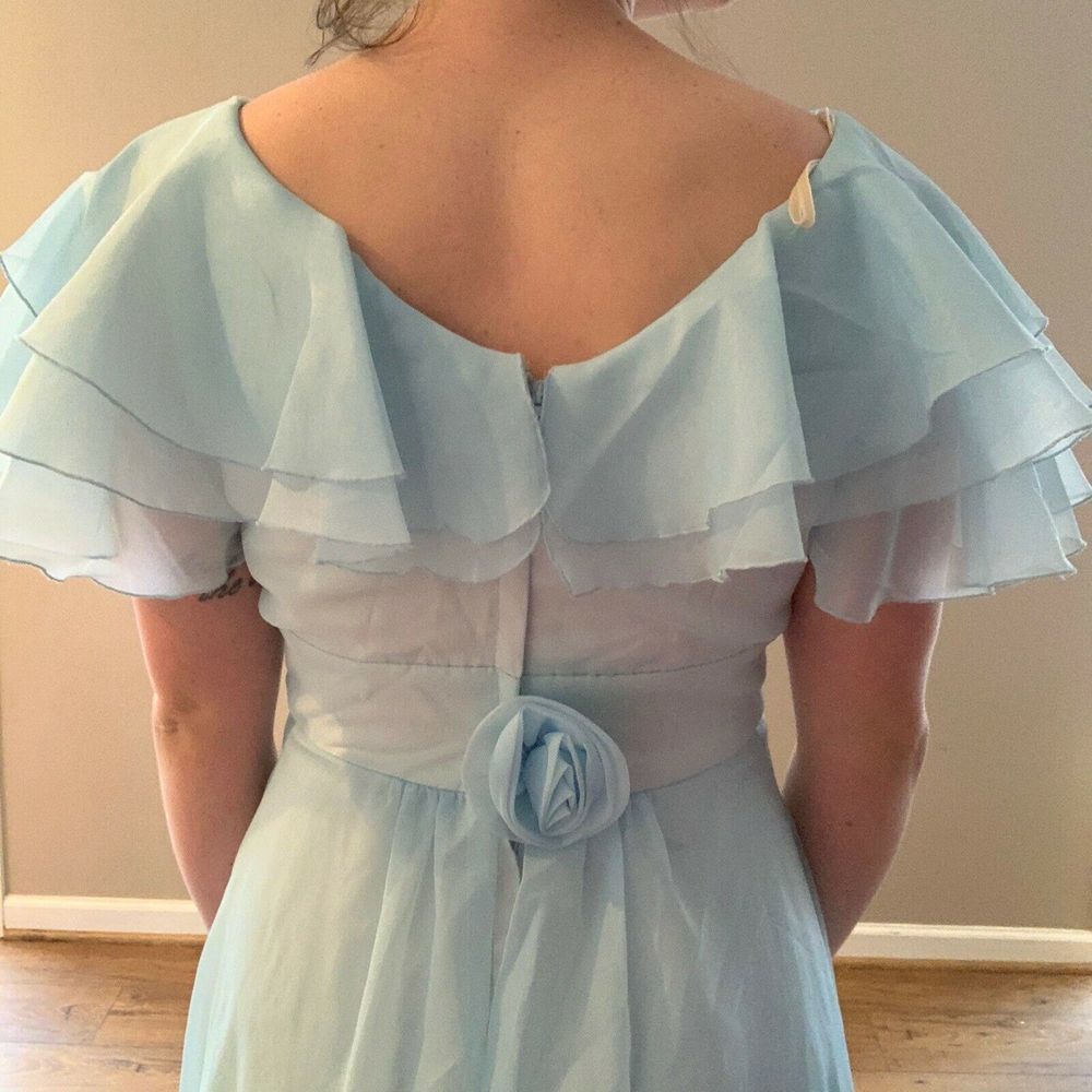 Vintage 1970s Prom Dress Formal Gown Blue Chiffon - Picture 6 of 8